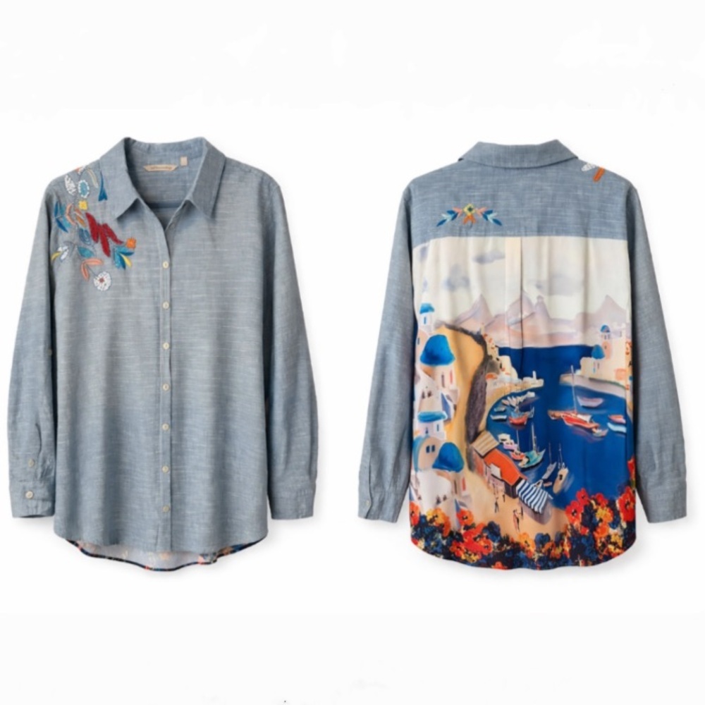 Soft Surroundings Ammabella Denim Embroidered Button-Up
